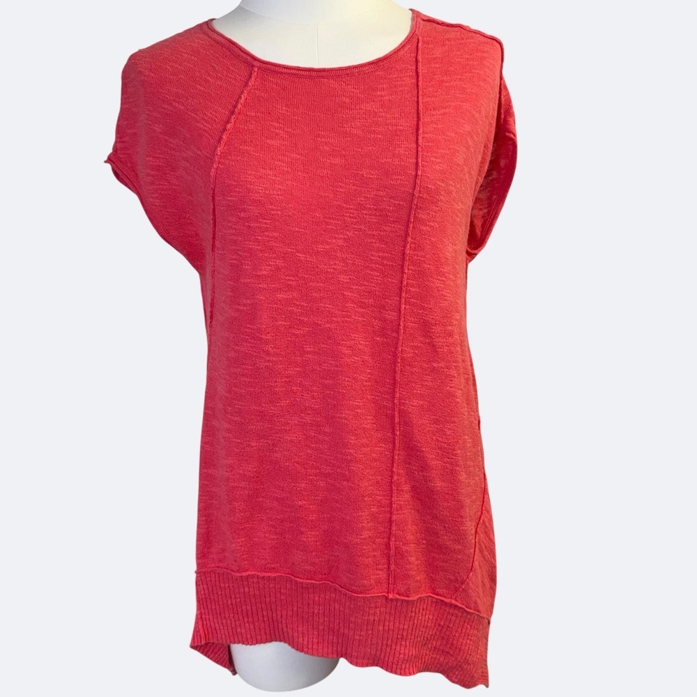 Eileen Fisher Top Womens PS Pink Salmon Linen Cotton Cap Sleeve Asymmetric Hem